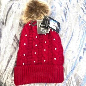 Red Knitted Yarn Winter Hat with Faux Fur Pom